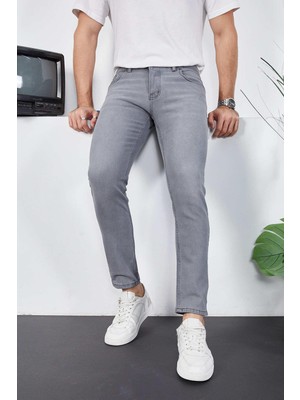 Enzim Jeans Erkek Likralı Denim Skinny Fit Süper Dar Paça Gri Desenli Jeans