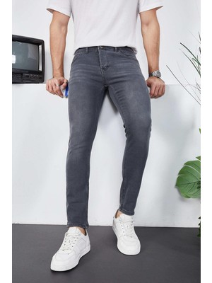 Enzim Jeans Erkek Likralı Denim Skinny Fit Süper Dar Pantolon Açık Füme Renkli Modern Tasarım