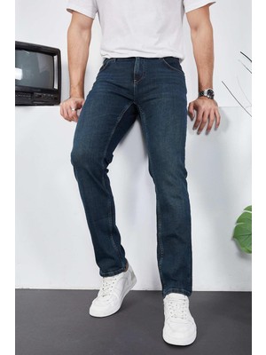 Enzim Jeans Erkek Likralı Denim Regular Fit Kargo Paça Pantolon Mavi Desenli Günlük Stil