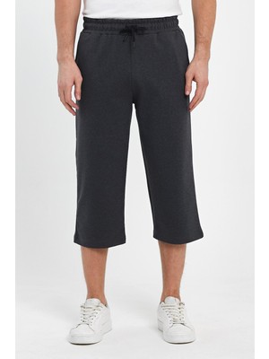 Comeor Erkek Yanları Cepli Antrasit Bermuda Diz Altı Kapri Beli Ayarlanabilir Lastikli Uzun Şort