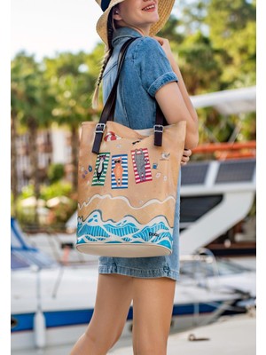 Kadın Vegan Deri Çok Renkli Omuz Çantası - Cats on the Beach Tasarım