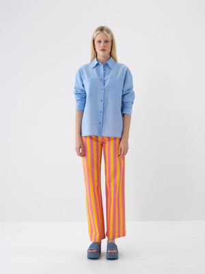 Xint Kadın Mavi Keten Karışımlı Oversize Gömlek