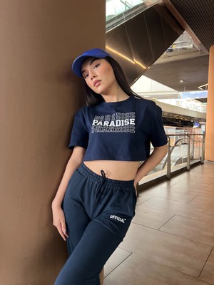 Maison La Femme Paradise Baskılı Penye Oversize Crop T-Shirt