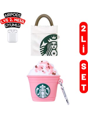 Ewec 2'li Set - 1. ve 2. Nesil Uyumlu Starbucks Çanta ve Pembe Starbucks Ikili Kulaklık Kılıfı Seti