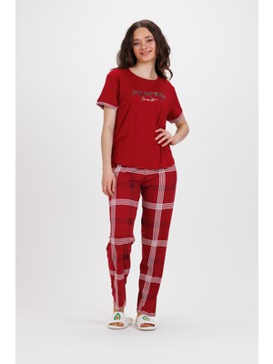 Ecrou Kadın Bordo Ekose Alt Pudra T.Shırt Baskılı 2Li Pijama Takım