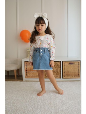 Miniko Kids Kız Çocuk Desenli Bebe Yakalı Kot Etekli Ikili Takım