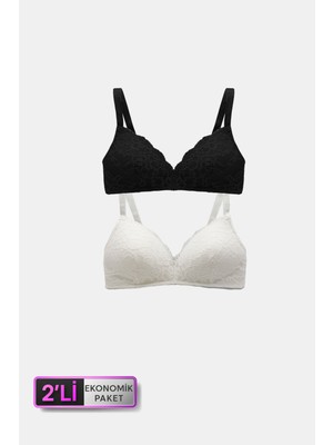 Pierre Cardin 6817 2'li Ekonomik Paket Venedik Desteksiz Siyah - Ekru Dantelli Sütyen Set