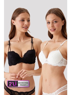 Pierre Cardin 6813 2'li Ekonomik Paket Milan Destekli - Pushup Siyah-Ekru Dantelli Sütyen Set
