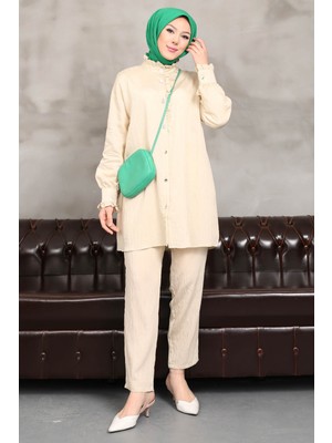 Bej Fırfırlı Tunik Pantolon Takım