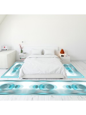 Evdeya Çerçeve Desen Dijital Baskılı Kaymaz Yıkanabilir Üçlü Yatak Odası Takımı, Çerçeveli-24-Mavi,