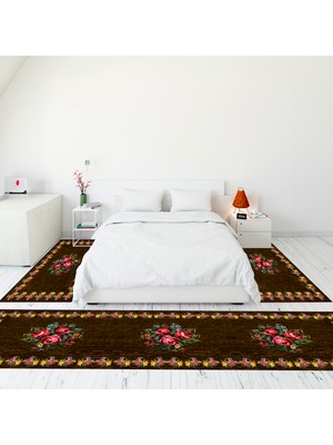 Evdeya Modern Şık Dijital Baskılı Kaymaz Taban Yıkanabilir Üçlü Yatak Odası Takımı, Modern-20-Kahve,