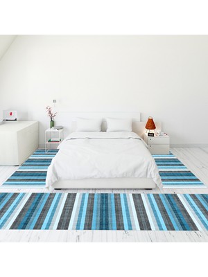 Evdeya Modern Şık Dijital Baskılı Kaymaz Taban Yıkanabilir Üçlü Yatak Odası Takımı, Modern-25-Mavi,