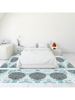 Evdeya Dijital Baskılı Kaymaz Taban Yıkanabilir Klasik Desen Üçlü Yatak Odası Takımı, Klasik-19-Mavi,