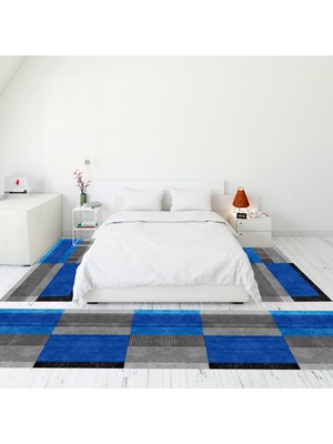 Evdeya Modern Şık Dijital Baskılı Kaymaz Taban Yıkanabilir Üçlü Yatak Odası Takımı, MODERN-107-MAVİ,