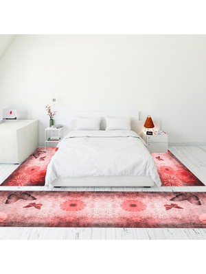 Evdeya Modern Şık Dijital Baskılı Kaymaz Taban Yıkanabilir Üçlü Yatak Odası Takımı, MODERN-109-KIRMIZI,