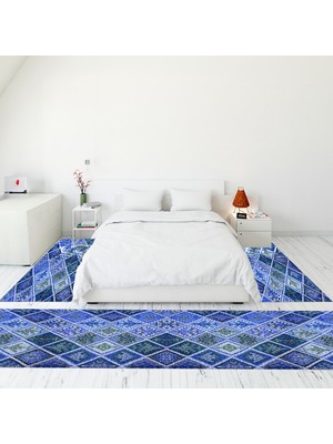 Evdeya Dijital Baskılı Kaymaz Taban Yıkanabilir Patchwork Üçlü Yatak Odası Takımı, Patchwork-08-Mavi,