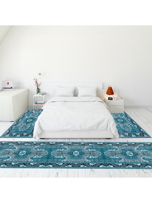 Evdeya Etnik Desenli Dijital Baskılı Kaymaz Taban Yıkanabilir Üçlü Yatak Odası Takımı, Etnik-10-Mavi,