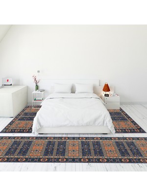 Evdeya Etnik Desenli Dijital Baskılı Kaymaz Taban Yıkanabilir Üçlü Yatak Odası Takımı, Etnik-11-Lacivert,