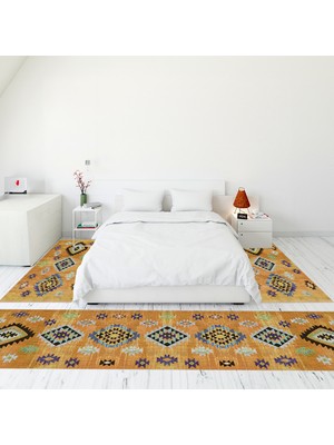 Evdeya Etnik Desenli Dijital Baskılı Kaymaz Taban Yıkanabilir Üçlü Yatak Odası Takımı, Etnik-01-Turuncu,