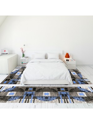 Evdeya Modern Şık Dijital Baskılı Kaymaz Taban Yıkanabilir Üçlü Yatak Odası Takımı, Modern-33-Mavi,