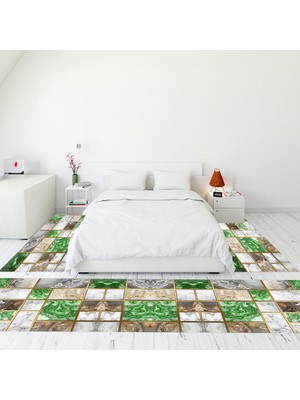 Evdeya Dijital Baskılı Kaymaz Taban Yıkanabilir Mermer Desen Üçlü Yatak Odası Takımı, Mermer-28-Yeşil,