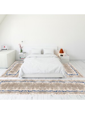 Evdeya Modern Şık Dijital Baskılı Kaymaz Taban Yıkanabilir Üçlü Yatak Odası Takımı, Modern-37-Mavi,