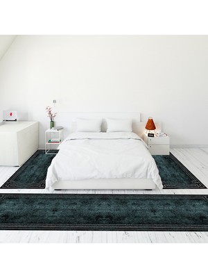 Evdeya Çerçeve Desen Dijital Baskılı Kaymaz Yıkanabilir Üçlü Yatak Odası Takımı, Çerçeveli-43-Mavi,