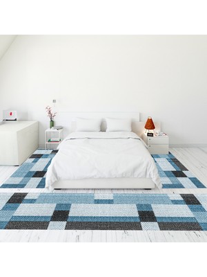 Evdeya Modern Şık Dijital Baskılı Kaymaz Taban Yıkanabilir Üçlü Yatak Odası Takımı, Modern-77-Mavi,