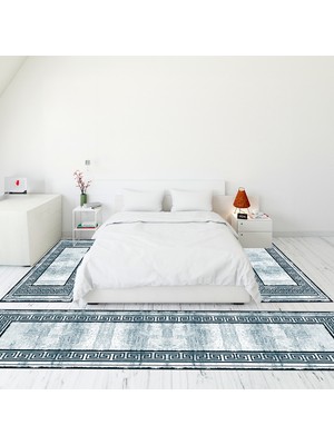 Evdeya Çerçeve Desen Dijital Baskılı Kaymaz Yıkanabilir Üçlü Yatak Odası Takımı, Çerçeveli-09-Turkuaz,