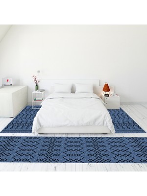 Evdeya Modern Şık Dijital Baskılı Kaymaz Taban Yıkanabilir Üçlü Yatak Odası Takımı, Modern-87-Mavi,