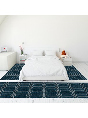 Evdeya Modern Şık Dijital Baskılı Kaymaz Taban Yıkanabilir Üçlü Yatak Odası Takımı, Modern-88-Mavi,