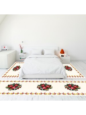 Evdeya Modern Şık Dijital Baskılı Kaymaz Taban Yıkanabilir Üçlü Yatak Odası Takımı, Modern-20-Krem,