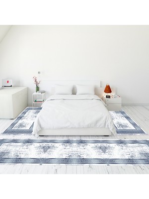 Evdeya Çerçeve Desen Dijital Baskılı Kaymaz Yıkanabilir Üçlü Yatak Odası Takımı, Çerçeveli-13-Mavi,