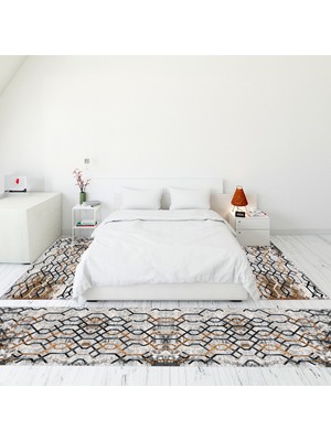 Evdeya Modern Şık Dijital Baskılı Kaymaz Taban Yıkanabilir Üçlü Yatak Odası Takımı, Modern-03-Kahve,