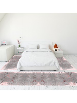 Evdeya Modern Şık Dijital Baskılı Kaymaz Taban Yıkanabilir Üçlü Yatak Odası Takımı, Modern-44-Pembe,