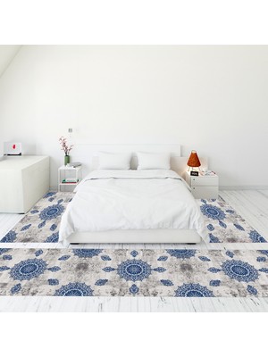 Evdeya Modern Şık Dijital Baskılı Kaymaz Taban Yıkanabilir Üçlü Yatak Odası Takımı, Modern-45-Mavi,
