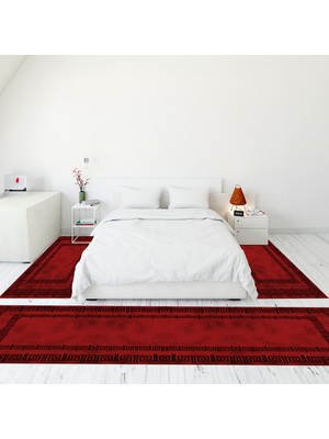 Evdeya Çerçeve Desen Dijital Baskılı Kaymaz Yıkanabilir Üçlü Yatak Odası Takımı, Çerçeveli-05-Bordo,
