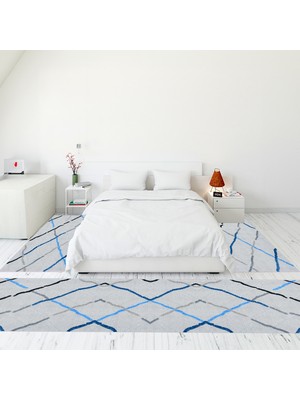 Evdeya Modern Şık Dijital Baskılı Kaymaz Taban Yıkanabilir Üçlü Yatak Odası Takımı, Modern-73-Mavi,