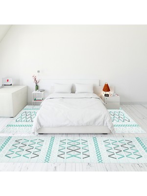Evdeya Modern Şık Dijital Baskılı Kaymaz Taban Yıkanabilir Üçlü Yatak Odası Takımı, Modern-81-Turkuaz,
