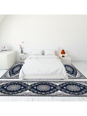 Evdeya Dijital Baskılı Kaymaz Taban Yıkanabilir Klasik Desen Üçlü Yatak Odası Takımı, Klasik-13-Mavi,