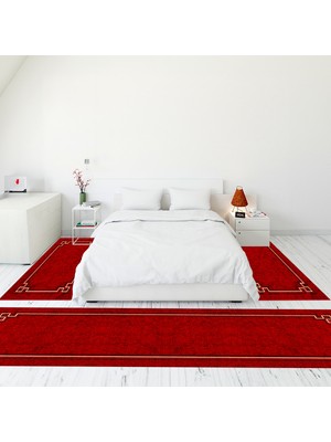 Evdeya Çerçeve Desen Dijital Baskılı Kaymaz Yıkanabilir Üçlü Yatak Odası Takımı, Çerçeveli-50-Bordo,