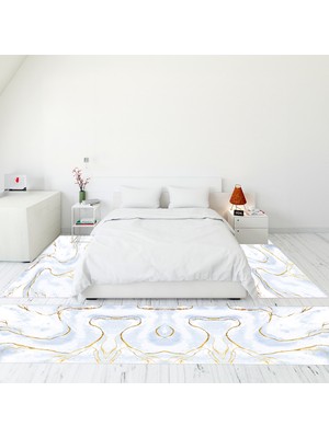 Evdeya Dijital Baskılı Kaymaz Taban Yıkanabilir Mermer Desen Üçlü Yatak Odası Takımı, Mermer-29-Mavi,