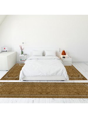 Evdeya Çerçeve Desen Dijital Baskılı Kaymaz Yıkanabilir Üçlü Yatak Odası Takımı, Çerçeveli-50-Kahve,