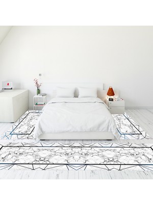 Evdeya Dijital Baskılı Kaymaz Taban Yıkanabilir Mermer Desen Üçlü Yatak Odası Takımı, Mermer-11-Mavi,