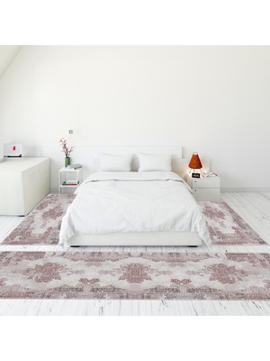 Evdeya Dijital Baskılı Kaymaz Taban Yıkanabilir Klasik Desen Üçlü Yatak Odası Takımı, Klasik-22-Pembe,