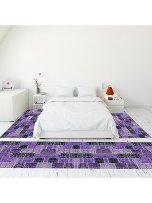 Evdeya Dijital Baskılı Kaymaz Taban Yıkanabilir Patchwork Üçlü Yatak Odası Takımı, Patchwork-07-Mor,