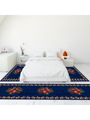 Evdeya Modern Şık Dijital Baskılı Kaymaz Taban Yıkanabilir Üçlü Yatak Odası Takımı, Modern-20-Mavi,