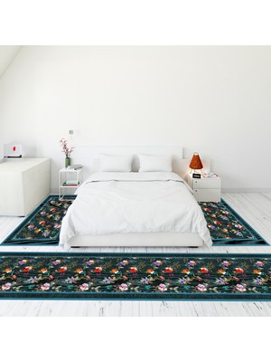 Evdeya Çerçeve Desen Dijital Baskılı Kaymaz Yıkanabilir Üçlü Yatak Odası Takımı, Çerçeveli-27-Mavi,