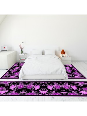 Evdeya Modern Şık Dijital Baskılı Kaymaz Taban Yıkanabilir Üçlü Yatak Odası Takımı, Modern-16-Mor,