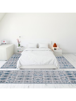 Evdeya Modern Şık Dijital Baskılı Kaymaz Taban Yıkanabilir Üçlü Yatak Odası Takımı, Modern-29-Mavi,